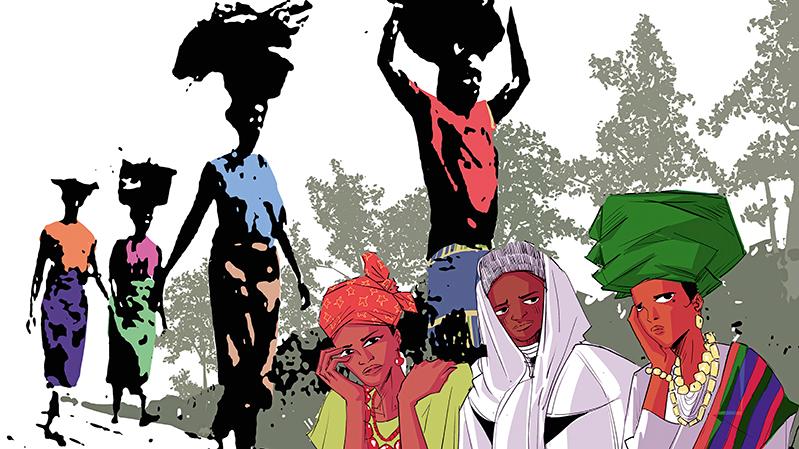 Künstlerische Illustration von Frauen in farbenfroher traditioneller Kleidung, einige sitzend im Vordergrund, andere als Silhouetten mit getragenen Lasten im Hintergrund.